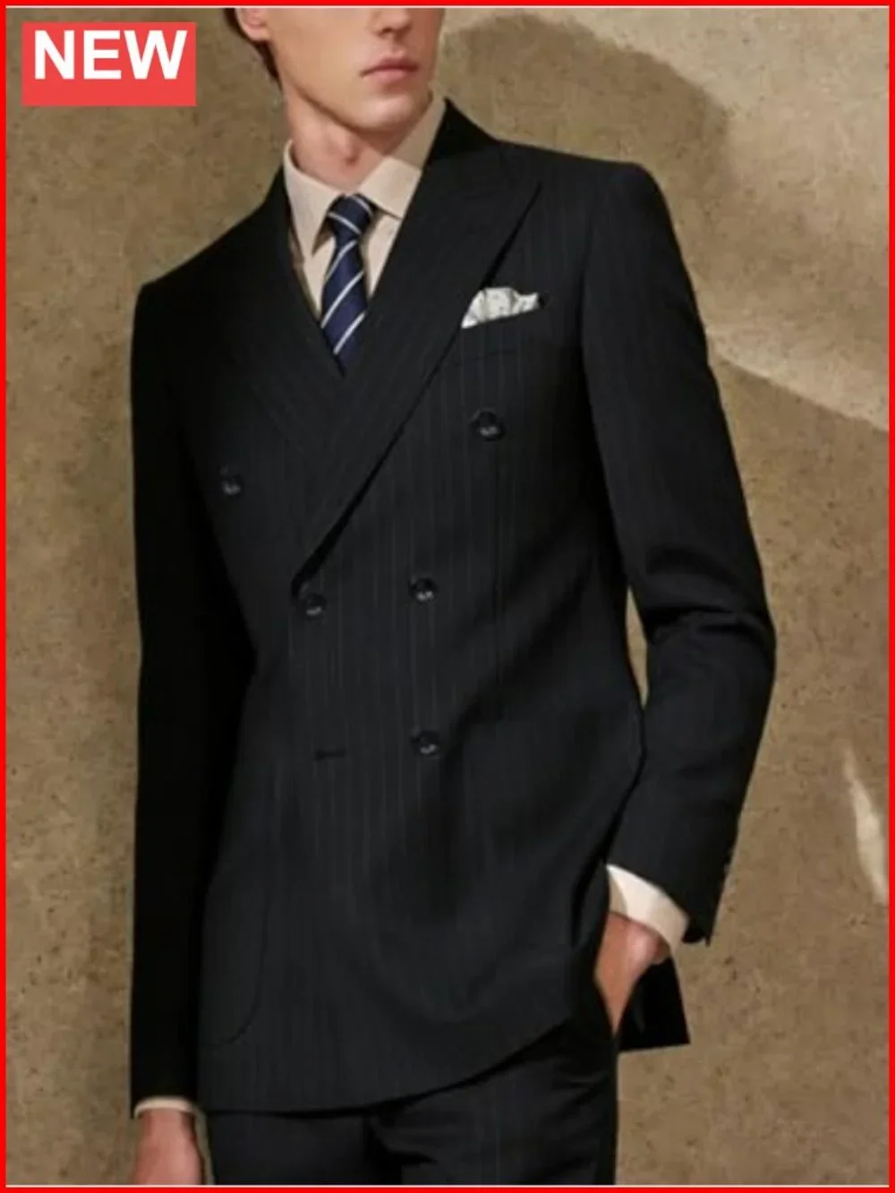 Men's Pinstripe Slim Fit Suit Double-Breasted 2-Piece Set Formal Wedding